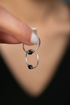 Women's 925 Sterling Silver Hoop Earrings with Mini Black Stone Detail