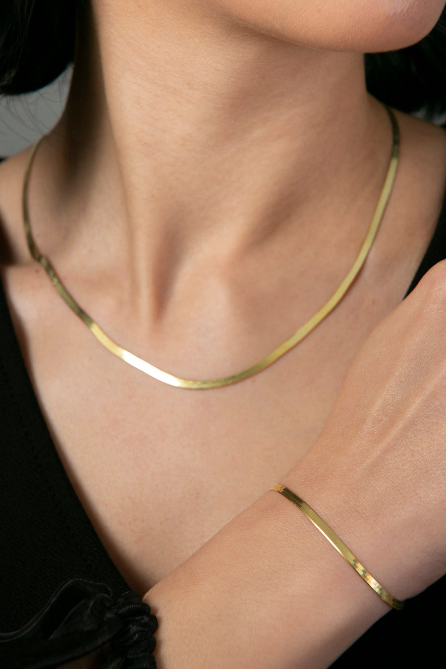 Women's 925 Sterling Silver Italian Flat Chain Necklace and Bracelet Set