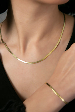 Women's 925 Sterling Silver Italian Flat Chain Necklace and Bracelet Set