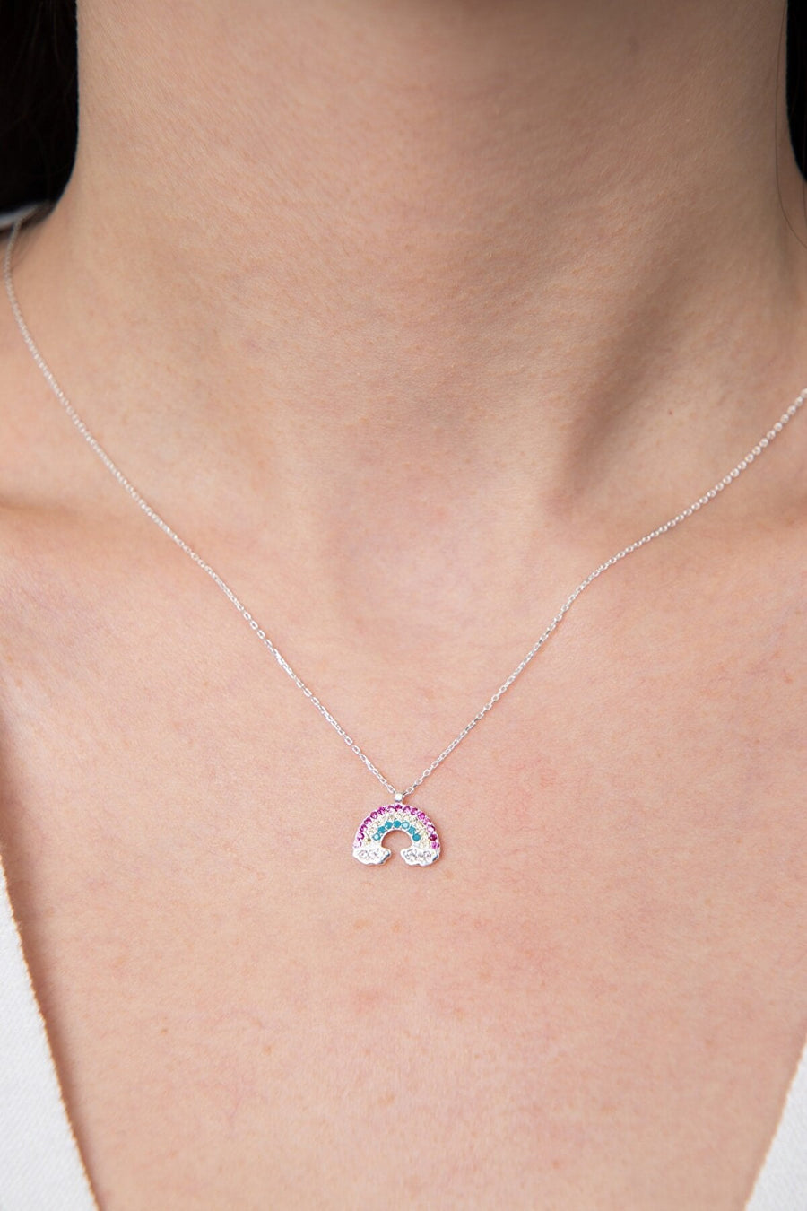 Women's Cloud-Detailed Rainbow Design 925 Sterling Silver Necklace