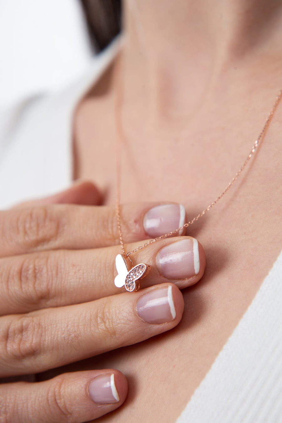 Women's White Stone Detail Butterfly Model 925 Sterling Silver Necklace