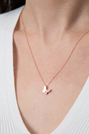 Women's White Stone Detail Butterfly Model 925 Sterling Silver Necklace