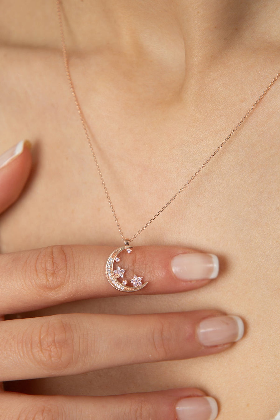 Women's 925 Sterling Silver Stone Moon and Star Necklace