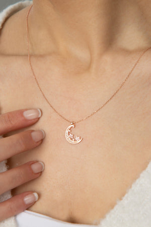 Women's 925 Sterling Silver Stone Moon and Star Necklace