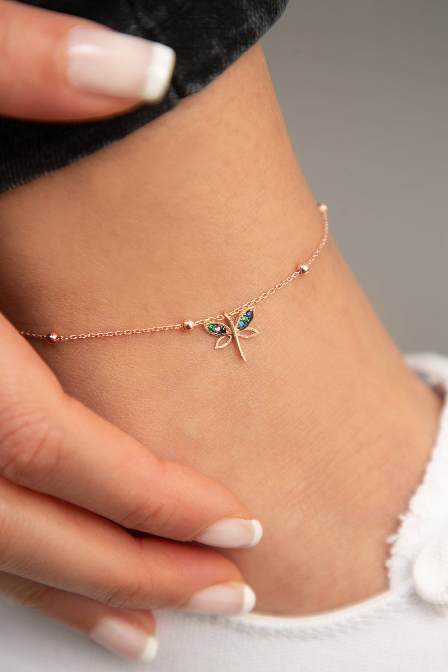 Women's 925 Sterling Silver Dragonfly Anklet with Pink Coating, Ball Chain Detail, and Stone Detail