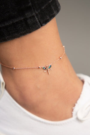 Women's 925 Sterling Silver Dragonfly Anklet with Pink Coating, Ball Chain Detail, and Stone Detail