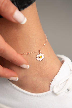 Women's 925 Sterling Silver Daisy Anklet with Enameled Details and Ball Chain