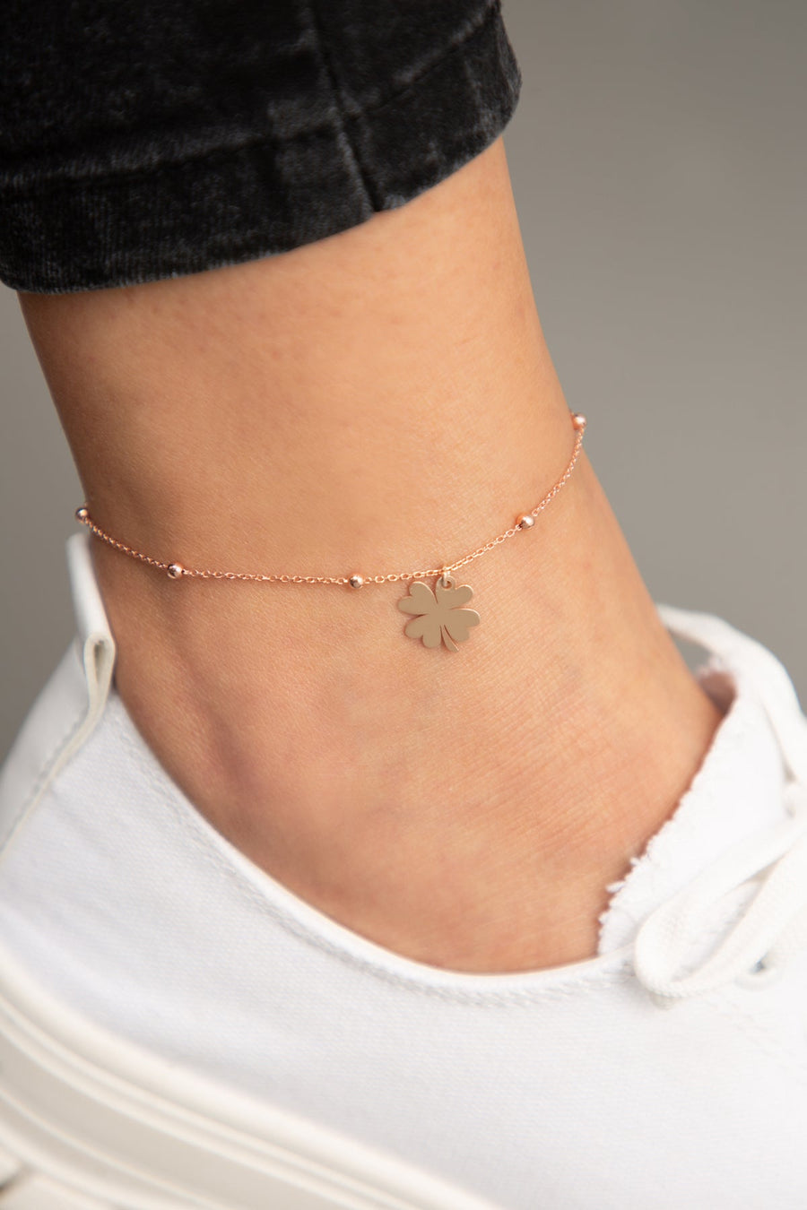 Women's Clover Model with Ball Chain Detail 925 Sterling Silver Anklet