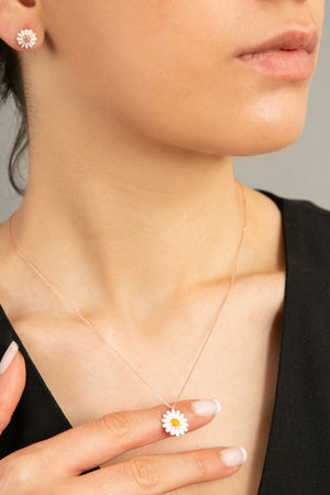 Women's Enameled Daisy Model 925 Sterling Silver Necklace and Earring Set