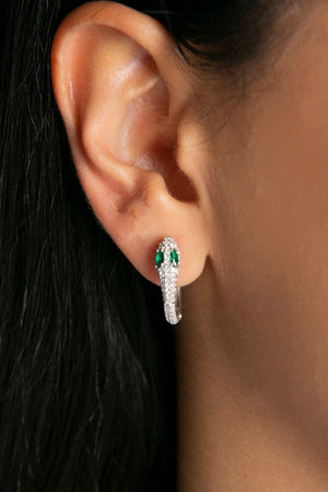Women's Green Stone Detailed Snake Model 925 Sterling Silver Earrings