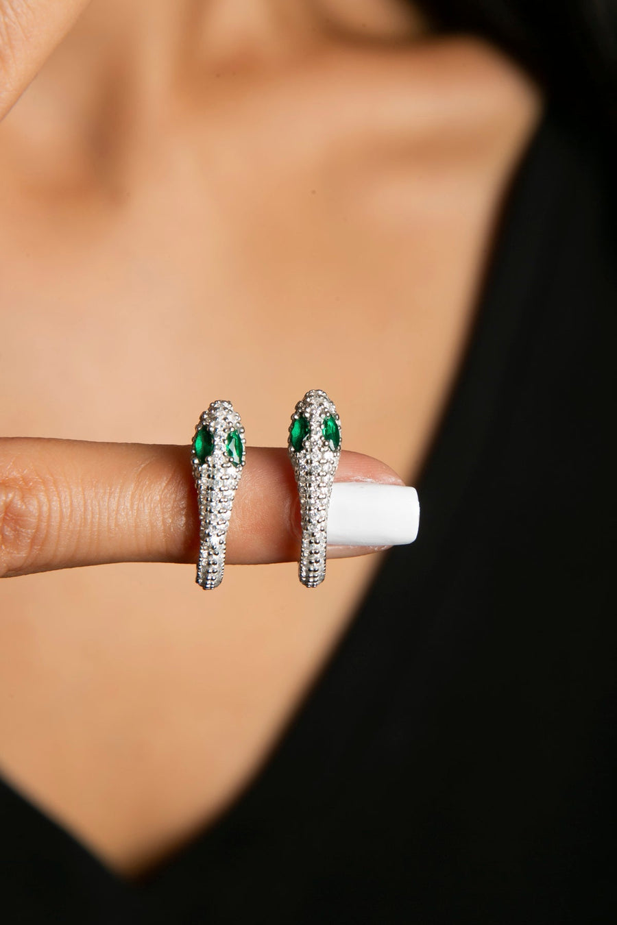 Women's Green Stone Detailed Snake Model 925 Sterling Silver Earrings