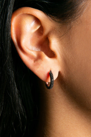 Women's Black Stone Detailed Hoop Earrings in 925 Sterling Silver