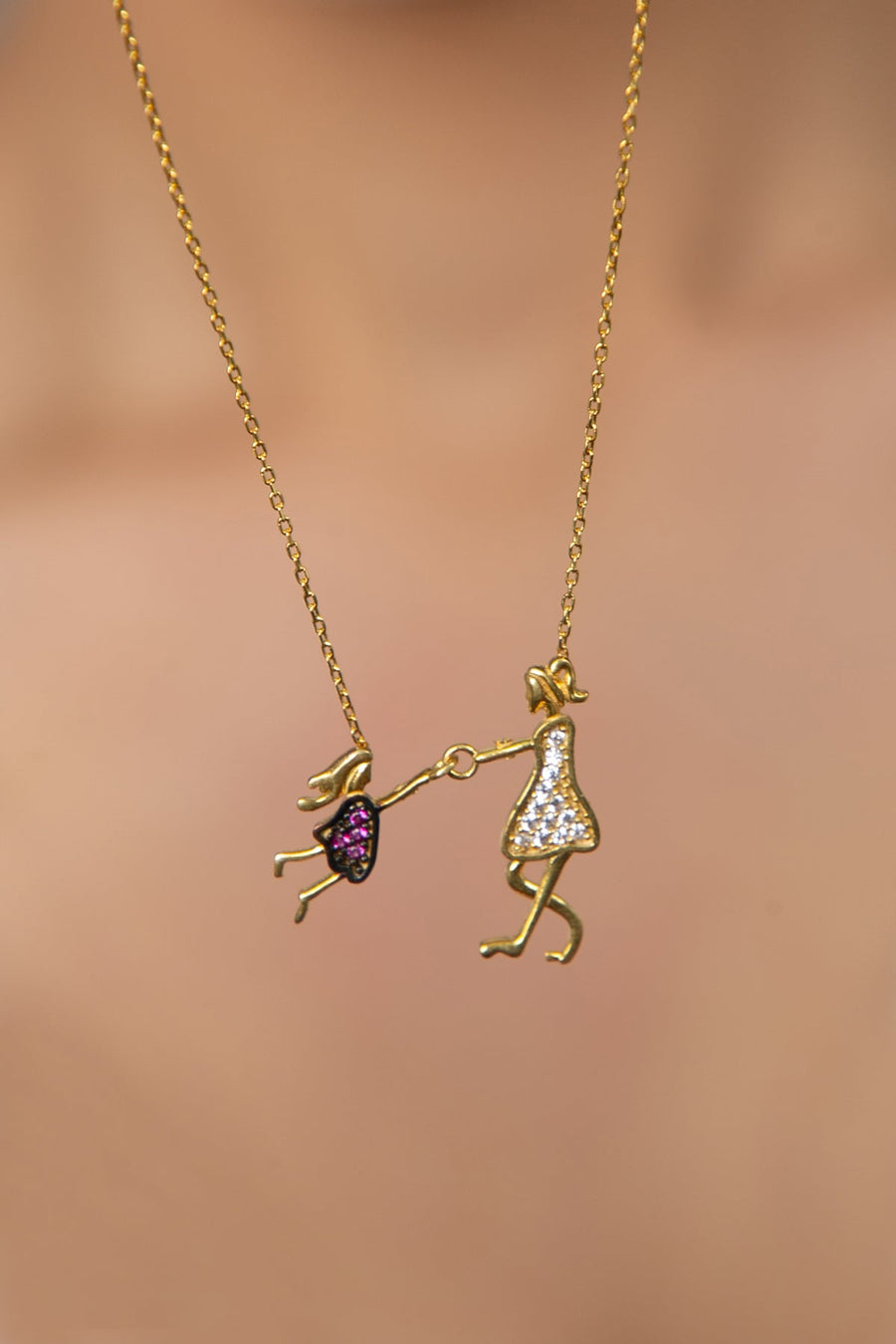 Women's Gold Plated Mother and Child Model 925 Sterling Silver Necklace