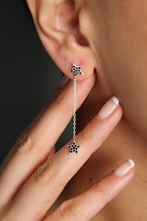 Women's 925 Sterling Silver Dangle Star Earrings with Black Stones