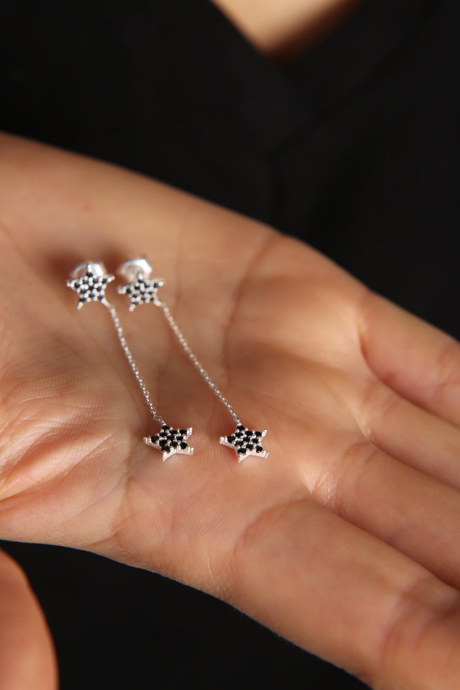 Women's 925 Sterling Silver Dangle Star Earrings with Black Stones