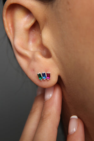 Women's Colorful Baguette Stone Minimal Model 925 Sterling Silver Earrings