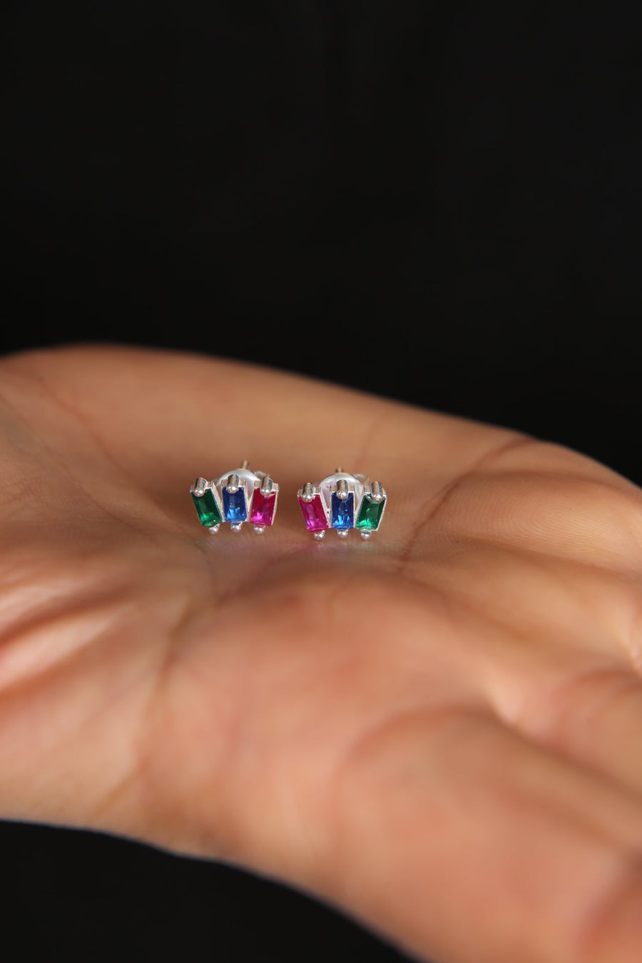 Women's Colorful Baguette Stone Minimal Model 925 Sterling Silver Earrings