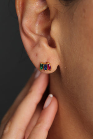 Women's Colorful Baguette Stone Minimal Model 925 Sterling Silver Earrings