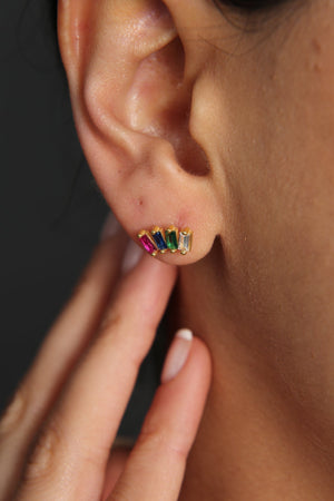 Women's Colorful Baguette Stone Minimal Model 925 Sterling Silver Earrings