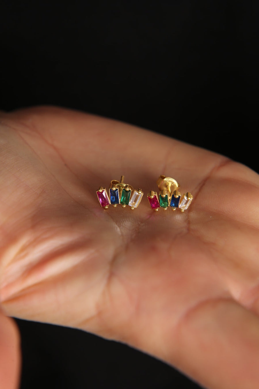 Women's Colorful Baguette Stone Minimal Model 925 Sterling Silver Earrings