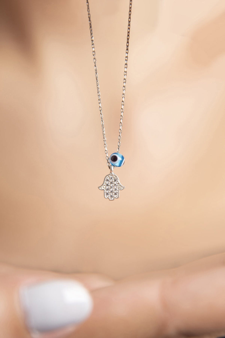 Women's Mini Hamsa and Evil Eye Bead Model 925 Sterling Silver Necklace