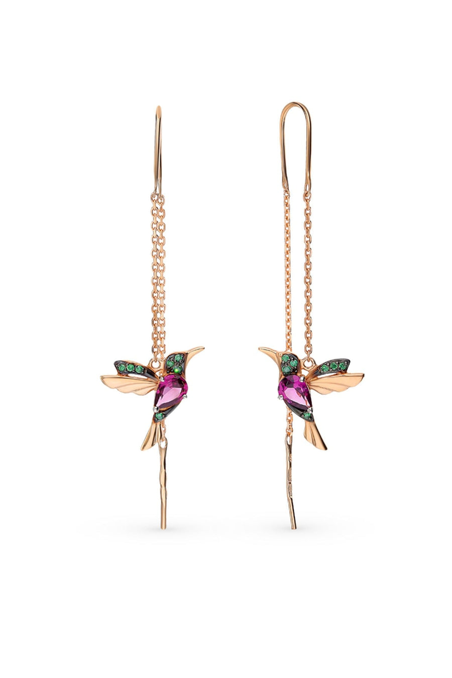 Women's Rose-Plated Bird Design Dangle Earrings with 925 Sterling Silver Chain