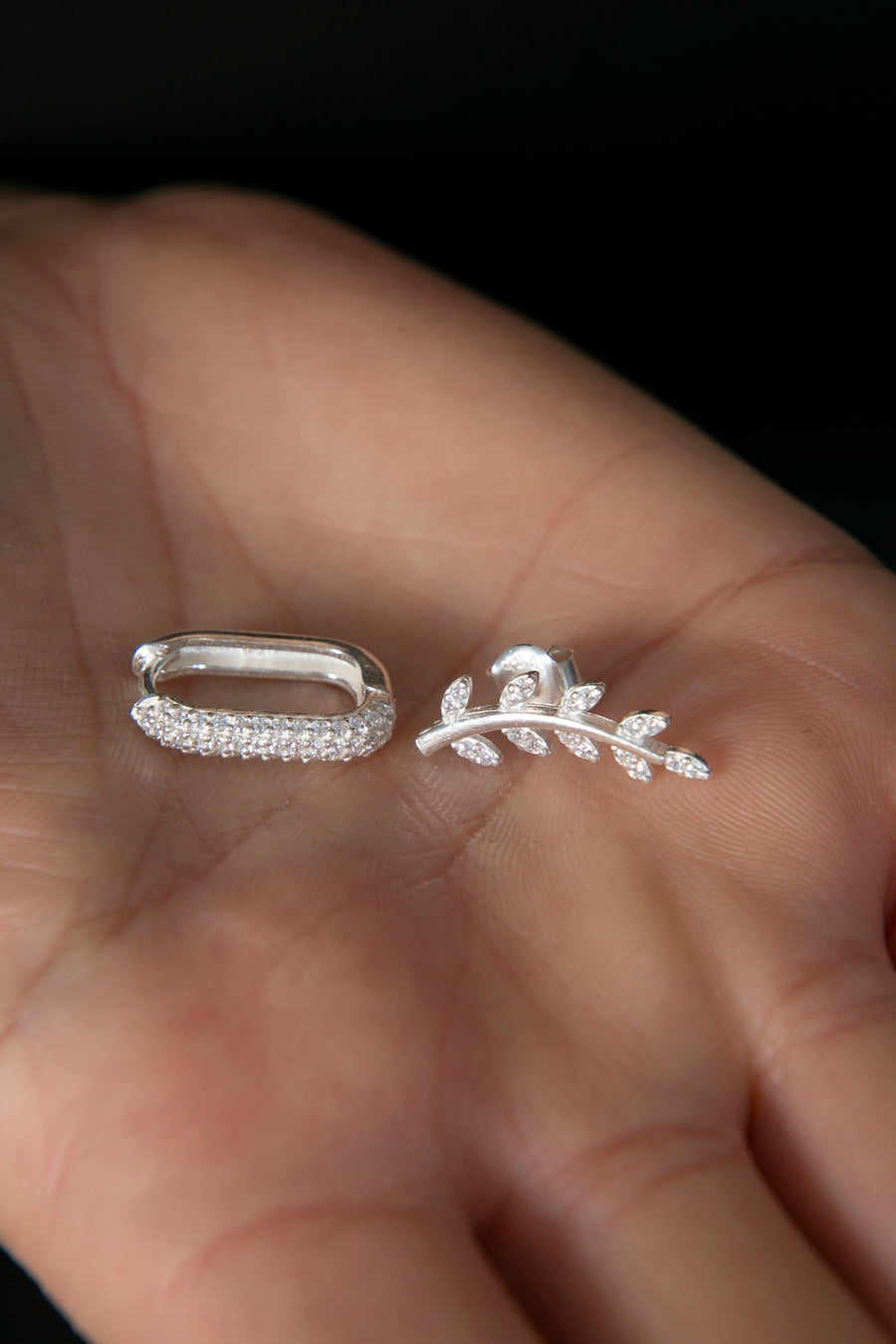 Women's 925 Sterling Silver Earrings Set with Leaf and Rectangle Design