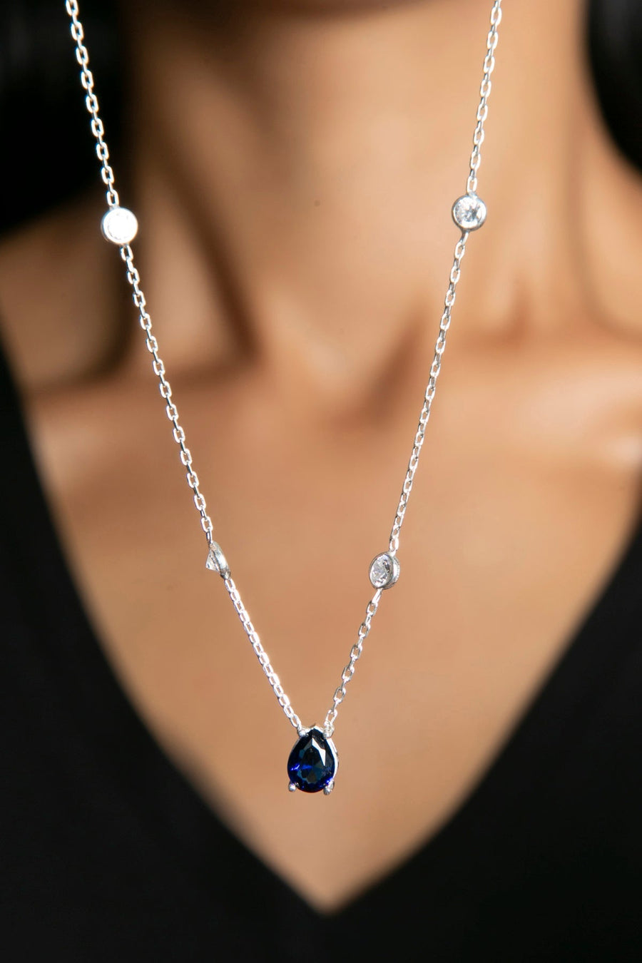 Women's 925 Sterling Silver Teardrop Necklace with Stones
