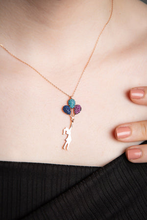 Women's Flying Balloon Charm Necklace in 925 Sterling Silver