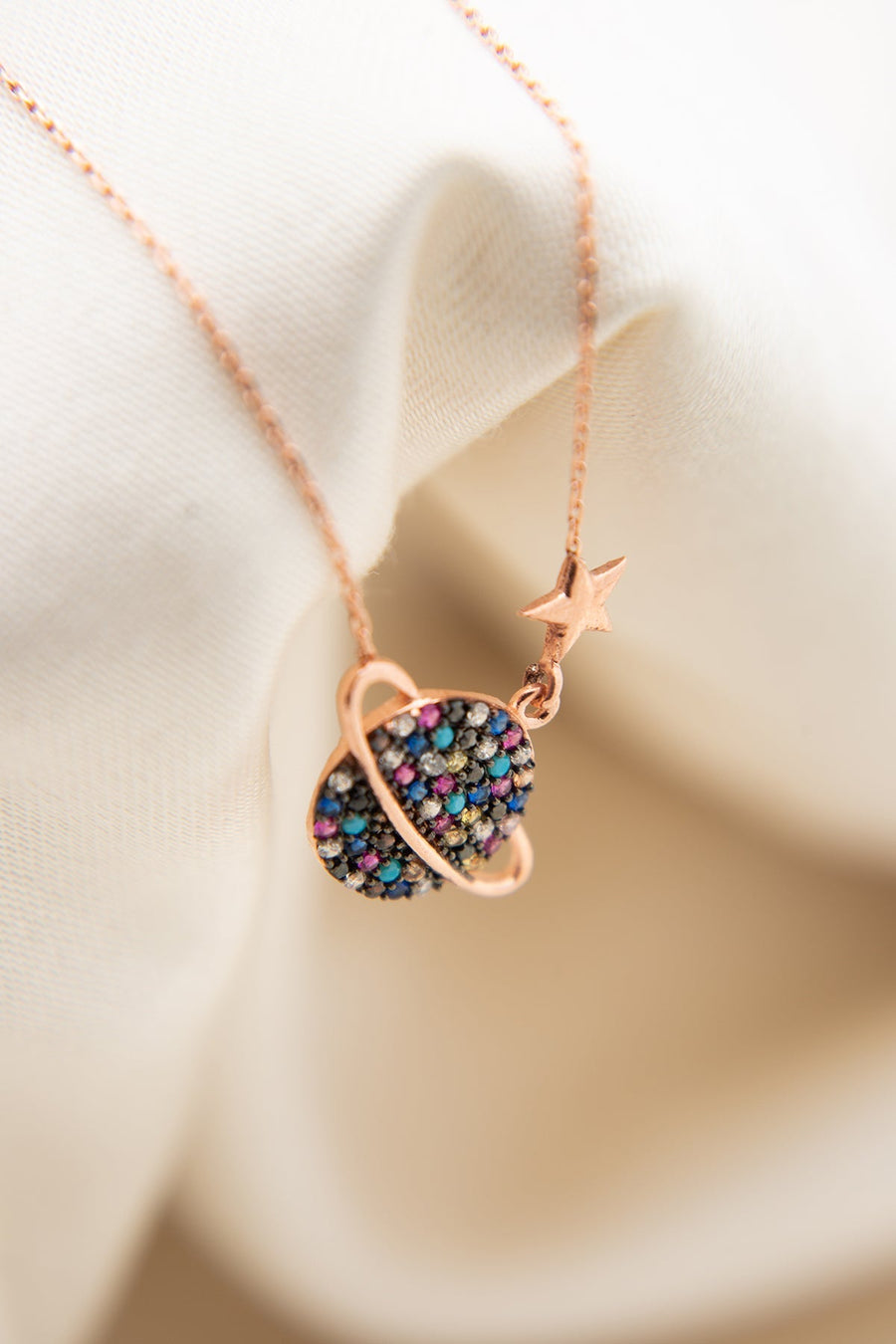Women's 925 Sterling Silver Rose Gold-Plated Planet Necklace with Colorful Stones