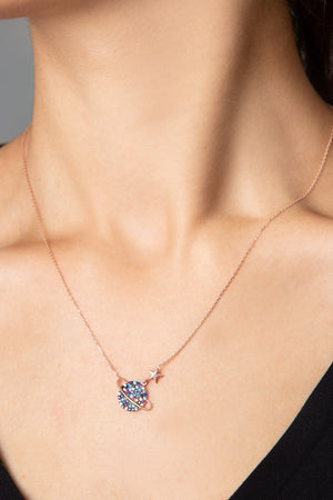 Women's 925 Sterling Silver Rose Gold-Plated Planet Necklace with Colorful Stones