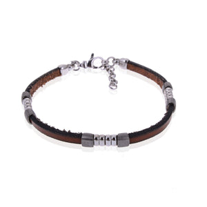 Sterling Silver Mens Bracelets - Brown Leather Insert Silver Bracelet