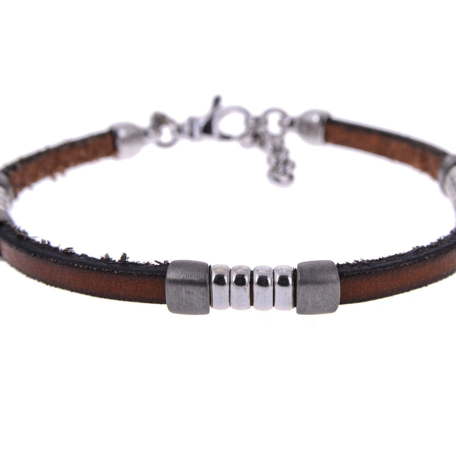 Sterling Silver Mens Bracelets - Brown Leather Insert Silver Bracelet