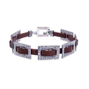 Sterling Silver Mens Bracelets - Hammered Silver Chain And Brown Leather Men Bracelet