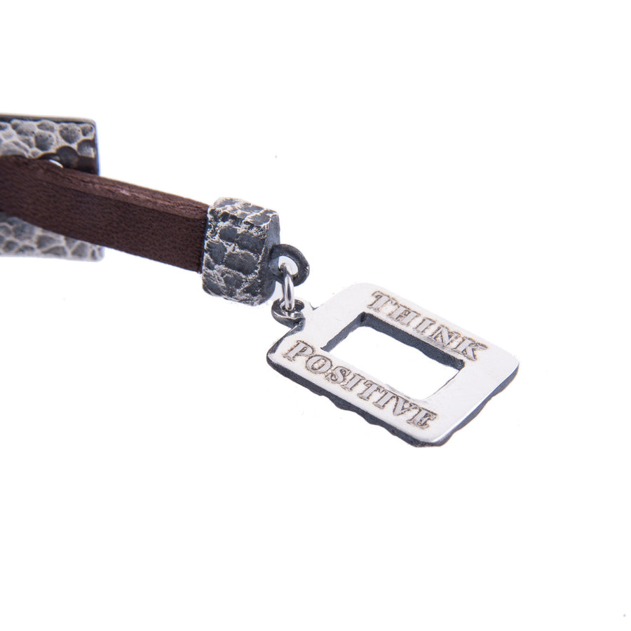 Sterling Silver Mens Bracelets - Hammered Silver Chain And Brown Leather Men Bracelet