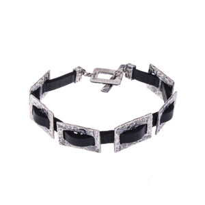 Sterling Silver Mens Bracelets - Hammered Silver Chain With Black Leather Bracelet Men