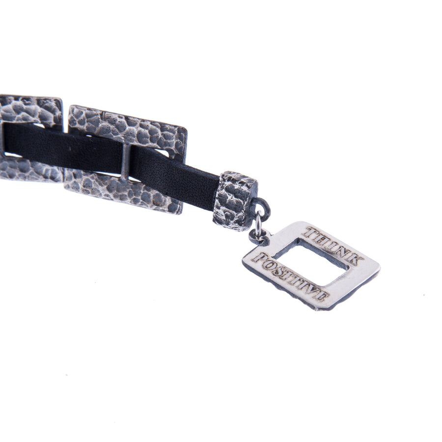 Sterling Silver Mens Bracelets - Hammered Silver Chain With Black Leather Bracelet Men