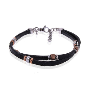 Sterling Silver Mens Bracelets - Sterling Silver Twisted Black Leather Insert Silver And Gold Bracelet