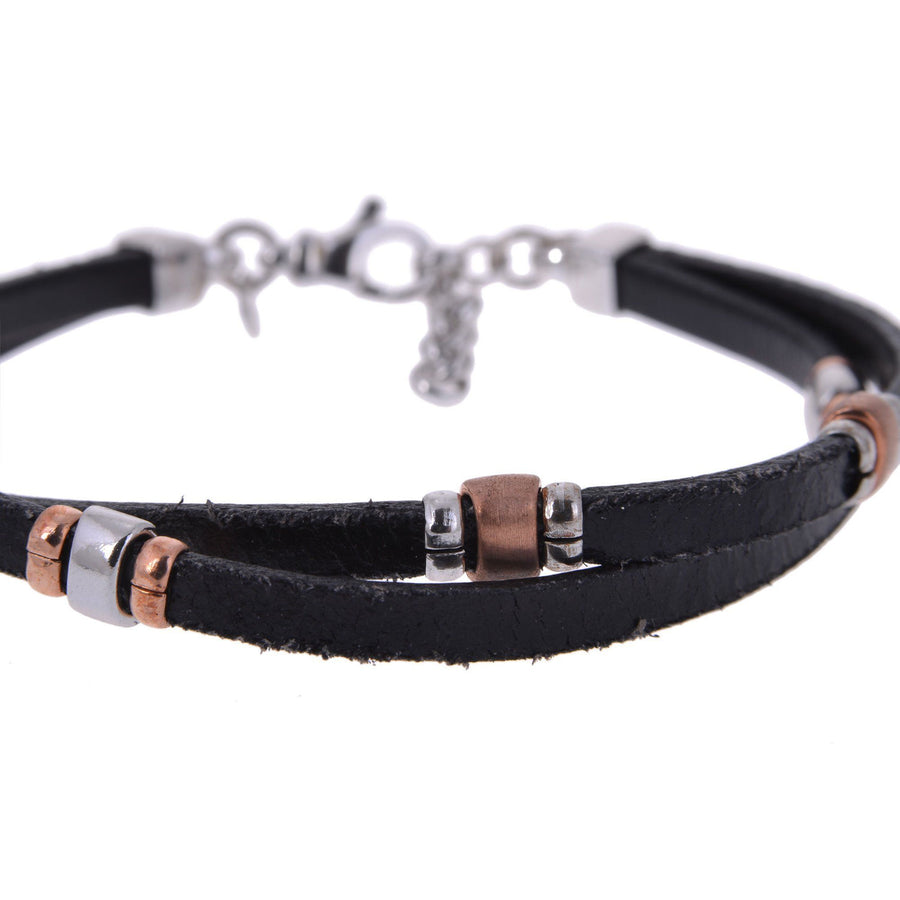 Sterling Silver Mens Bracelets - Sterling Silver Twisted Black Leather Insert Silver And Gold Bracelet