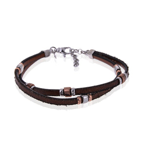 Sterling Silver Mens Bracelets - Sterling Silver Twisted Brown Leather Insert Silver Bracelet