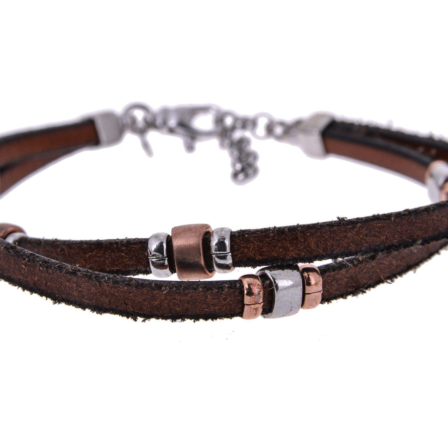 Sterling Silver Mens Bracelets - Sterling Silver Twisted Brown Leather Insert Silver Bracelet
